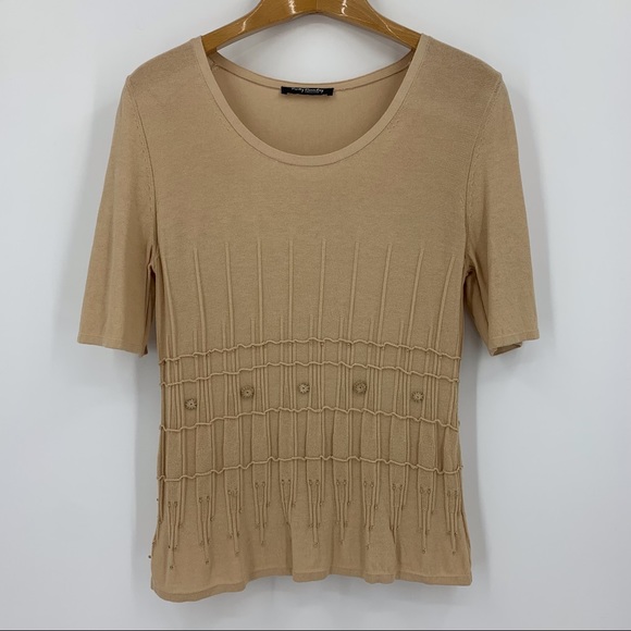Betty Barclay Lightweight Short Sleeve Tan Sweater with Bead Accents, Small - Picture 3 of 16